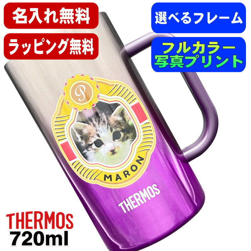写真入り ビールジョッキ サーモス 名入れ プレゼント 真空断熱 保温 保冷 ステンレス 名前入り ペット うちの子 写真 グッズ 犬 猫 ペットグッズ ジョッキ プリント 印刷 ビアグラス おしゃれ ビールグラス ギフト 720ml 青緑 紫 JDK-721C 単品 ビアジョッキ PSYN-17